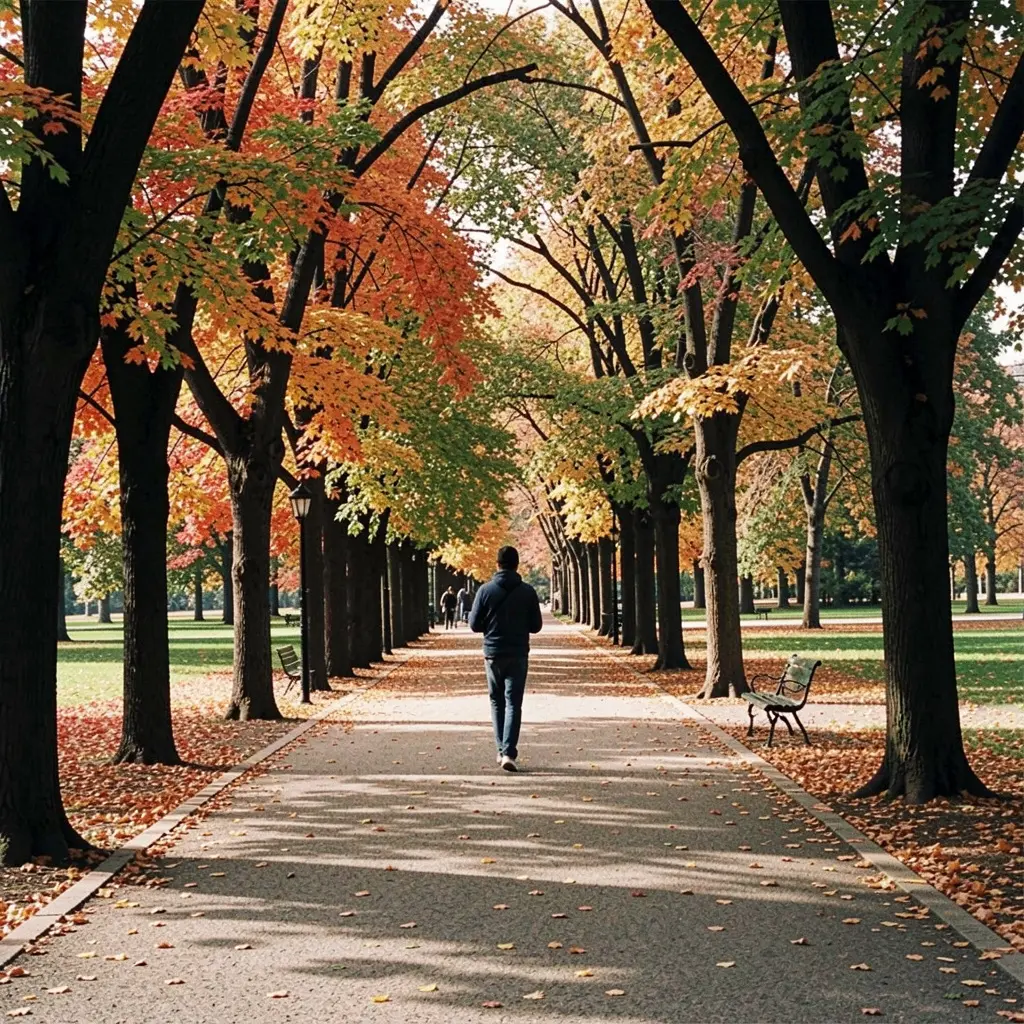 Person walking along a tree-lined path in a park during autumn