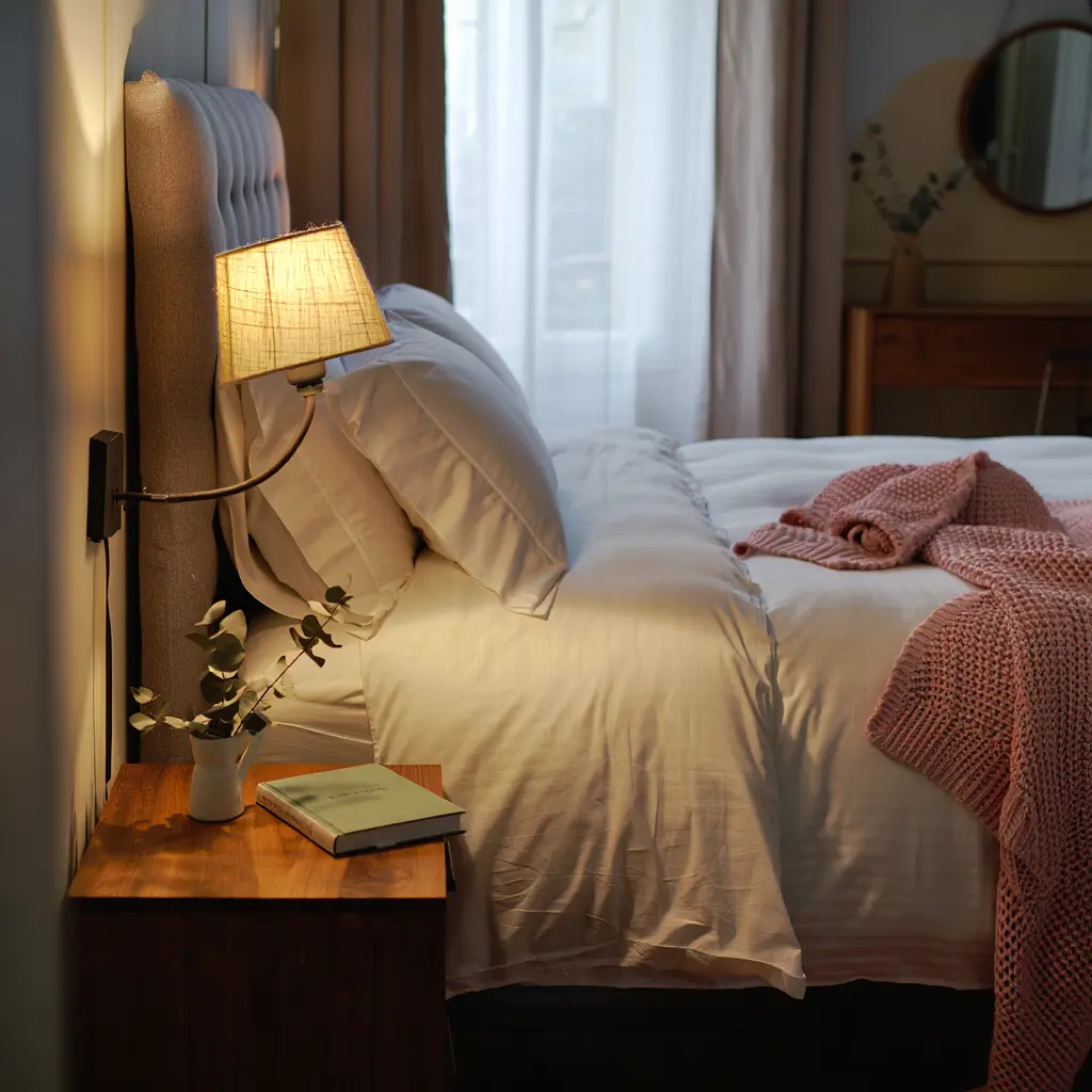 A cosy bedroom with soft lighting and neatly arranged bedding